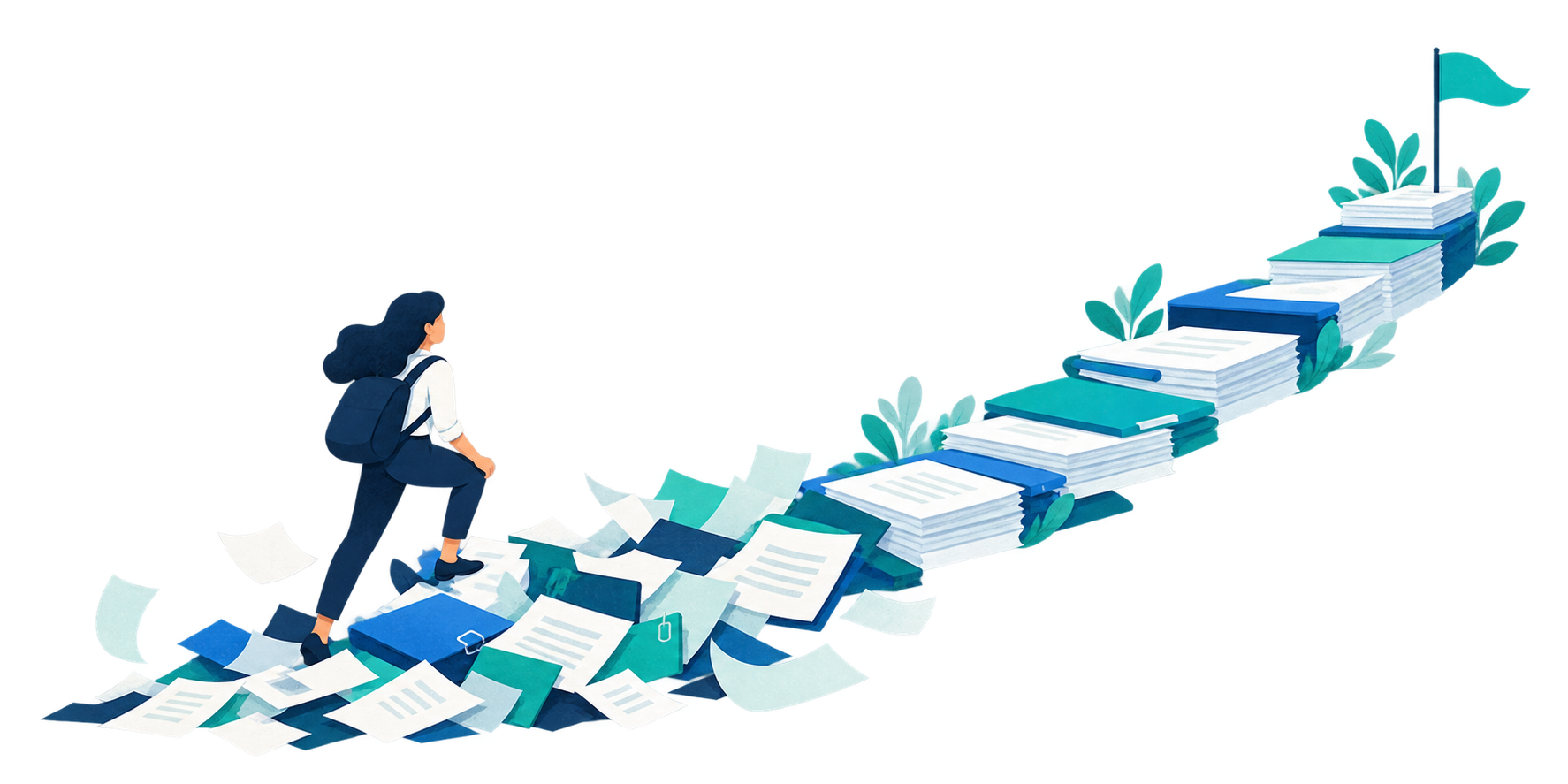 A founder climbing a path of scattered documents toward an organized destination